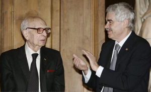 Paris, 13 mai 2005, remise du prix Catalunya à Claude Lévi-Strauss par Pasqual Maragall